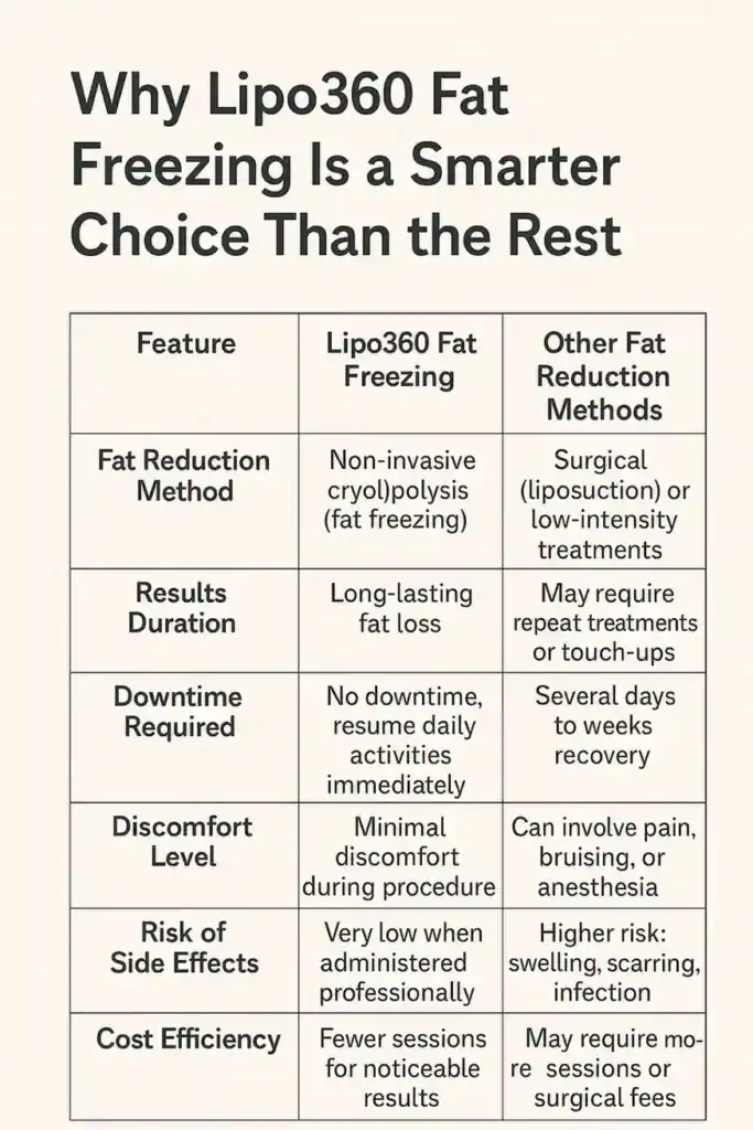 Is it possible to permanently freeze fat cells? 2 Table showing benefits of fat freezing to remove fat cells England from Lipo 360